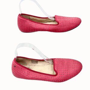 UGG ALLOWAY PINK LEATHER SILVER STUDDED SHEARLING FLATS - 10
